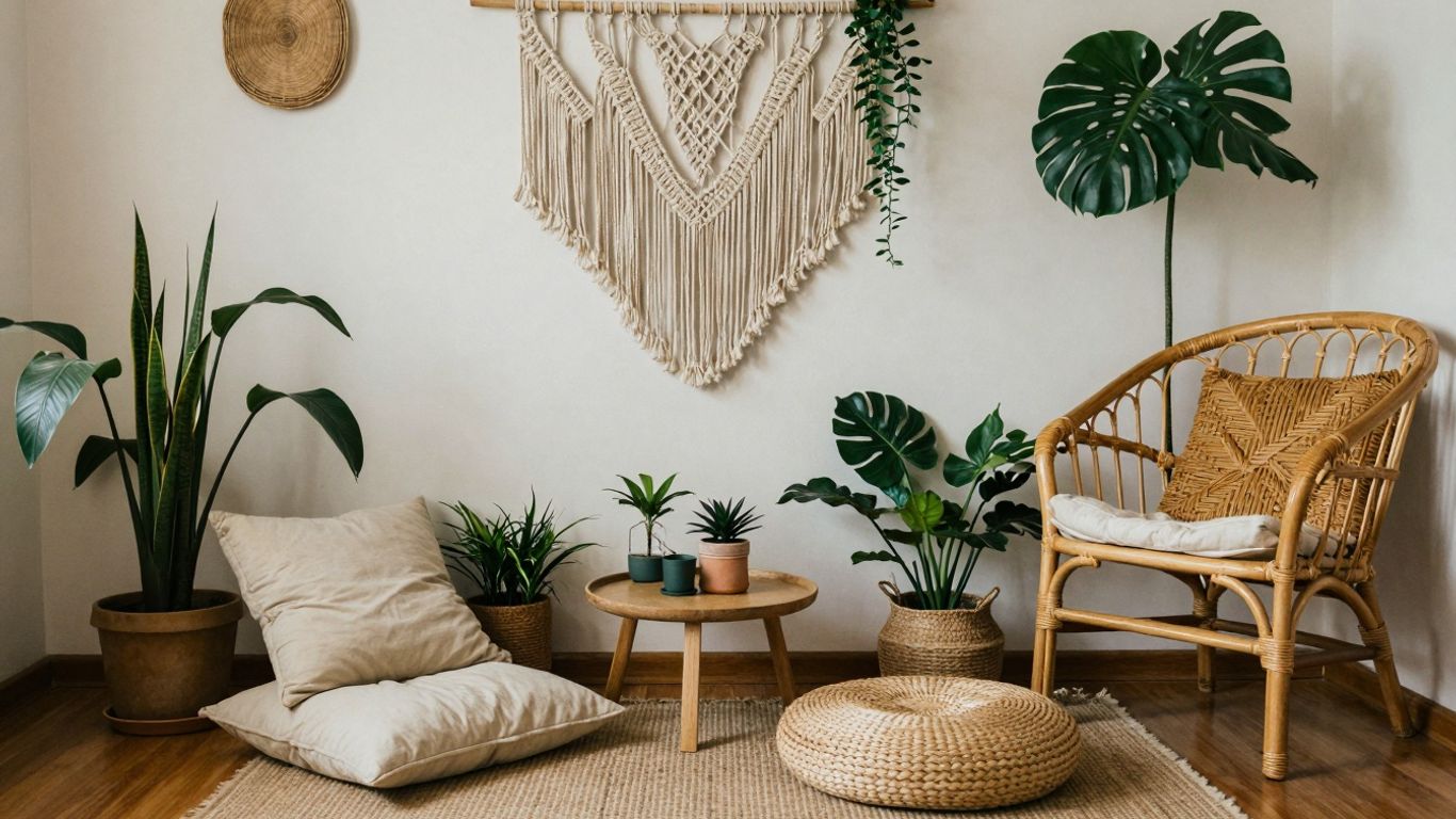Bohemian Airbnb interior with macrame and plants.