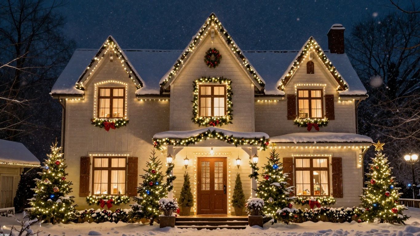 Festive house decorated with bright Christmas lights at night.