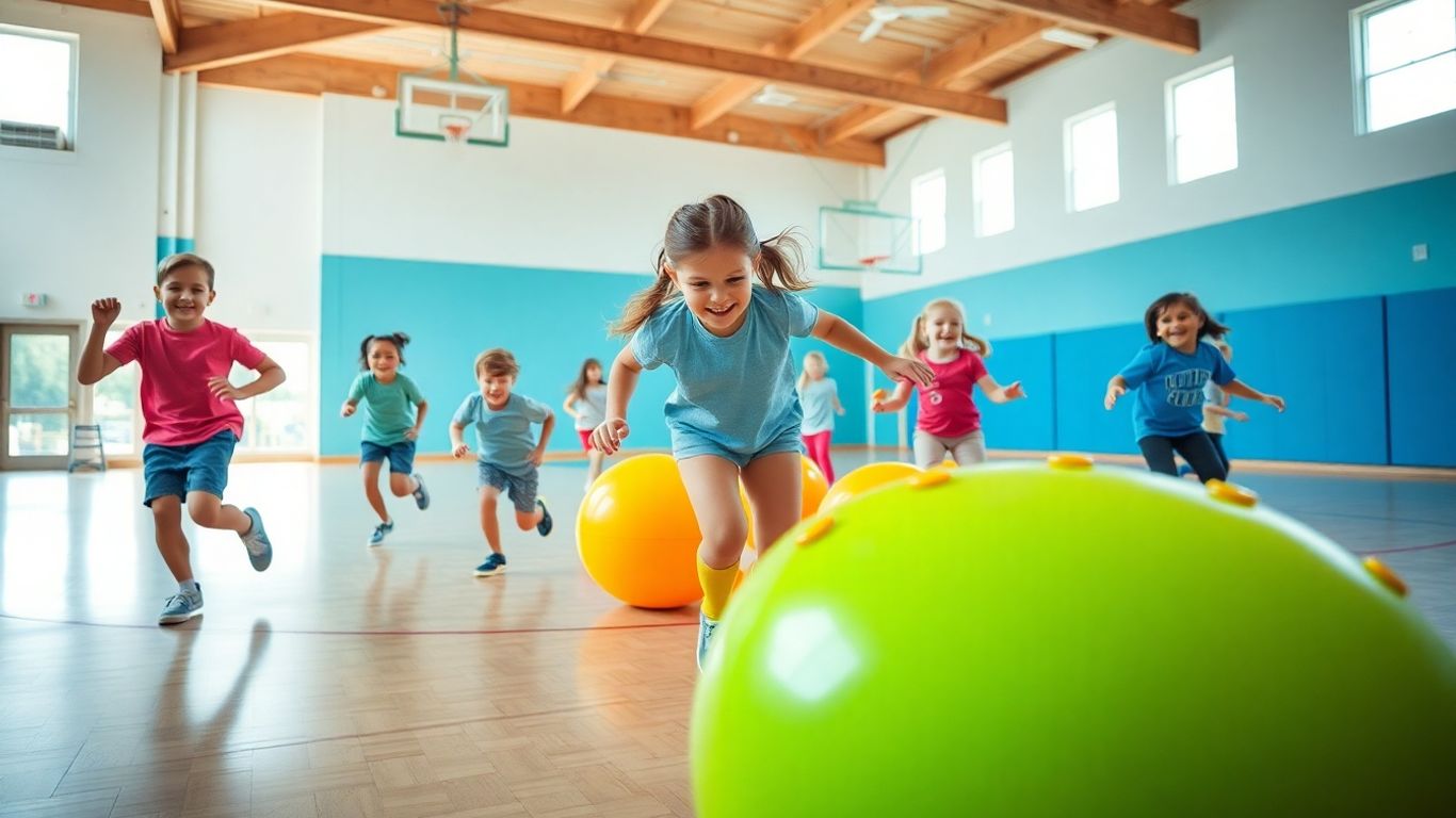 Kinder spielen mit bunten Sportgeräten im Sportunterricht