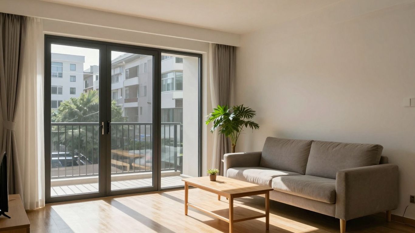 Apartamento moderno con luz natural y planta.