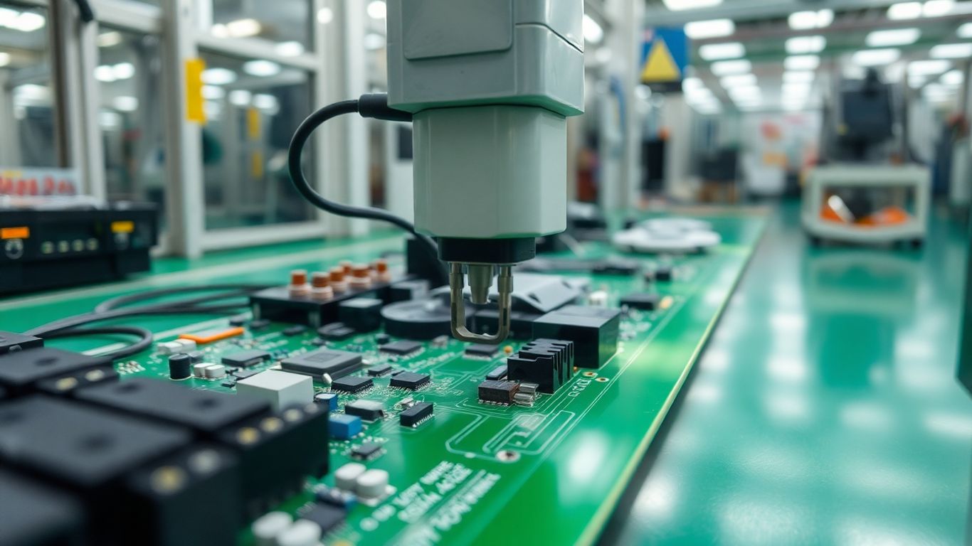 Robotic arm assembling a printed circuit board.
