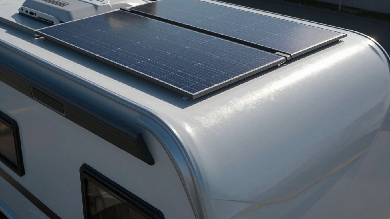 Panneaux solaires intégrés sur le toit d'une caravane.