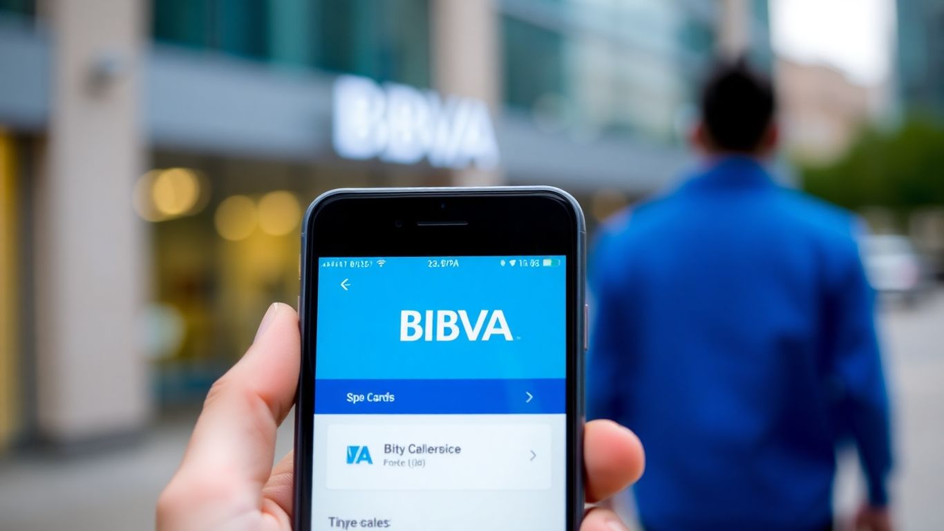 Mano con teléfono mostrando app BBVA.