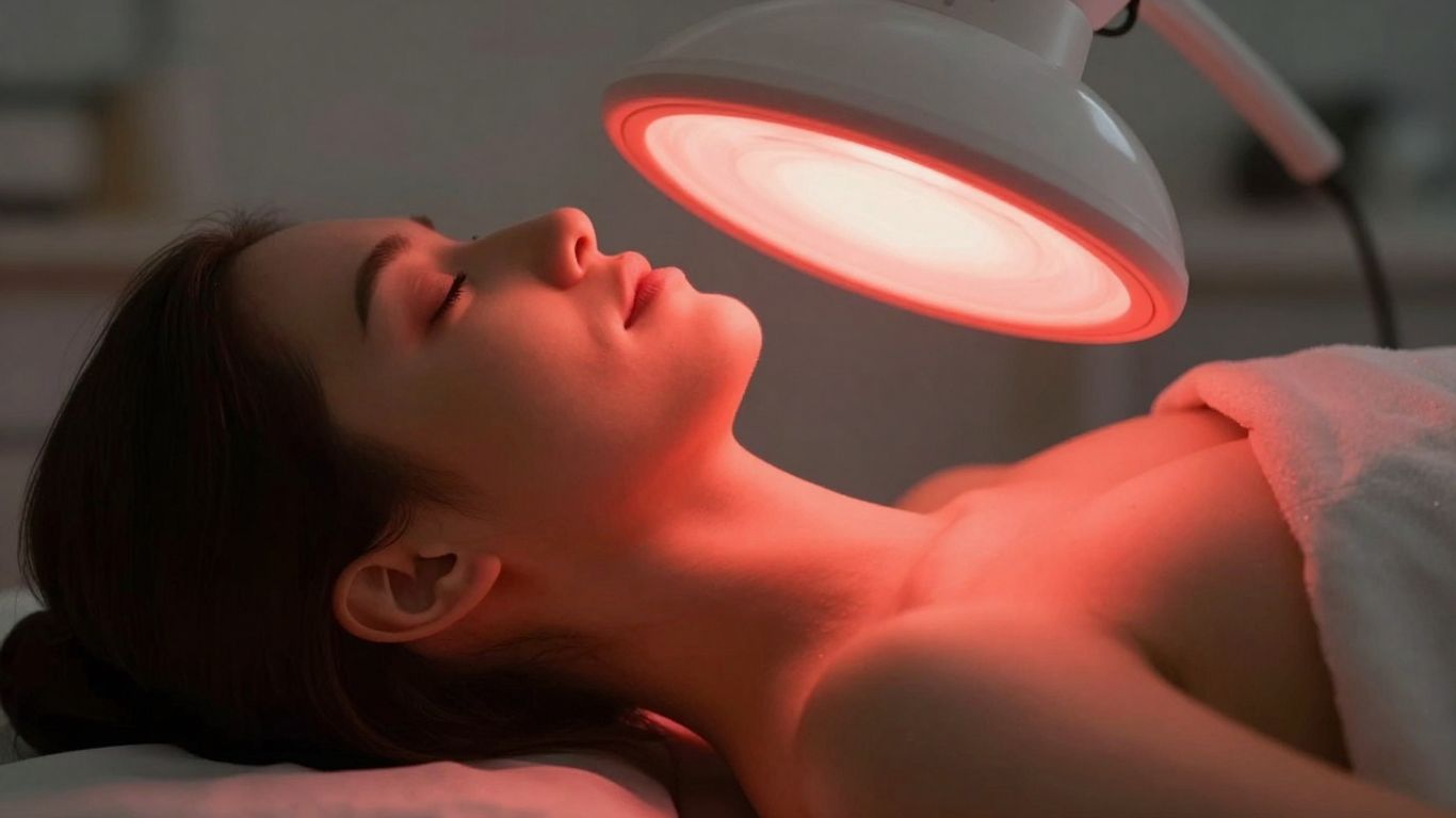 Person receiving red light therapy treatment.