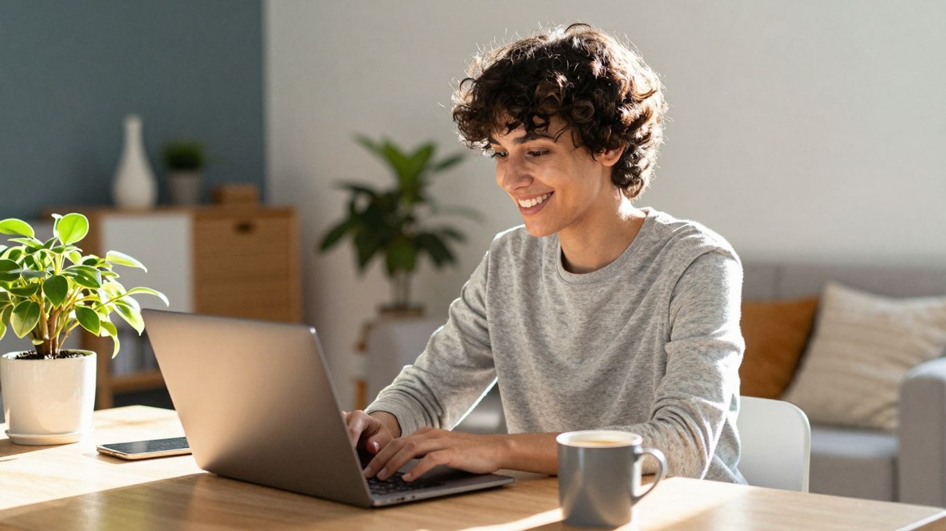 Person working happily on a laptop at home.