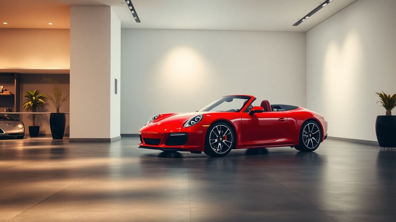 Porsche showroom with a red sports car.