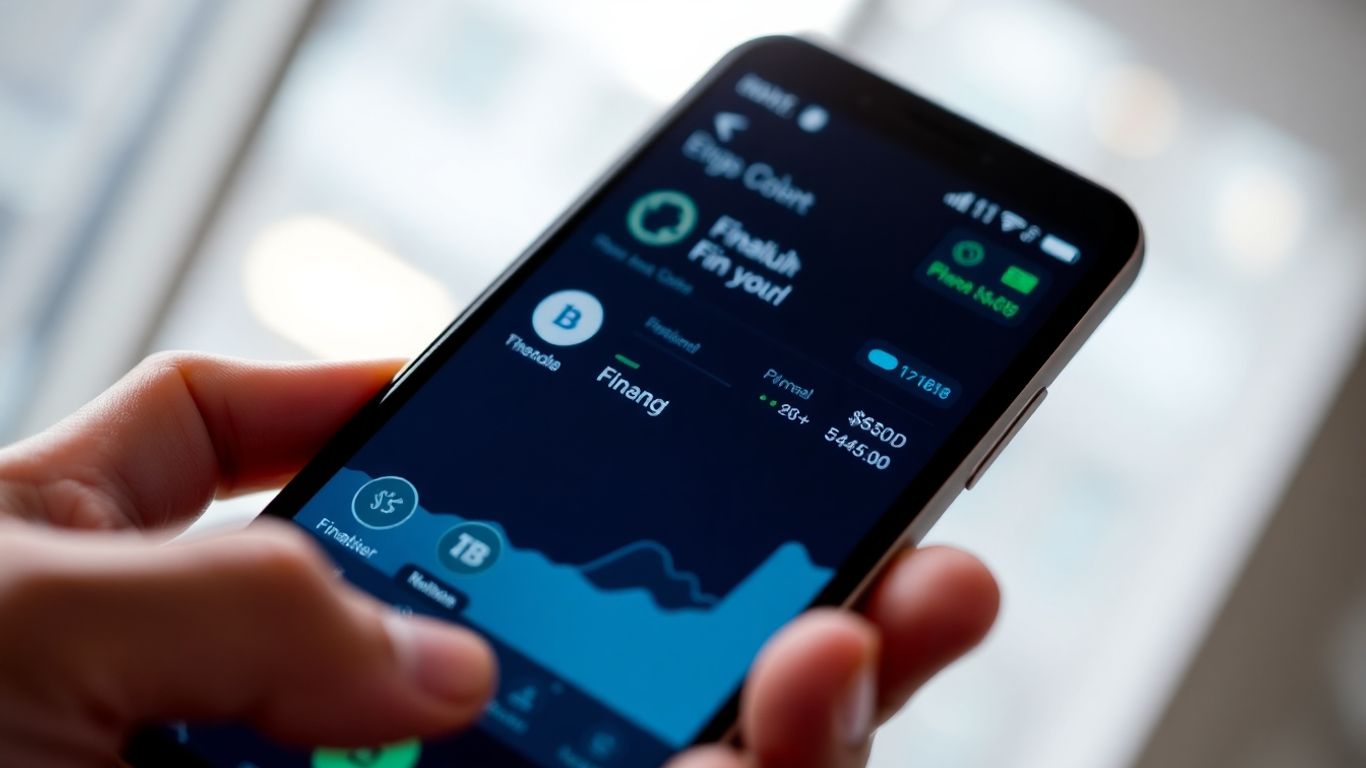 Hand holding smartphone with financial app on screen.