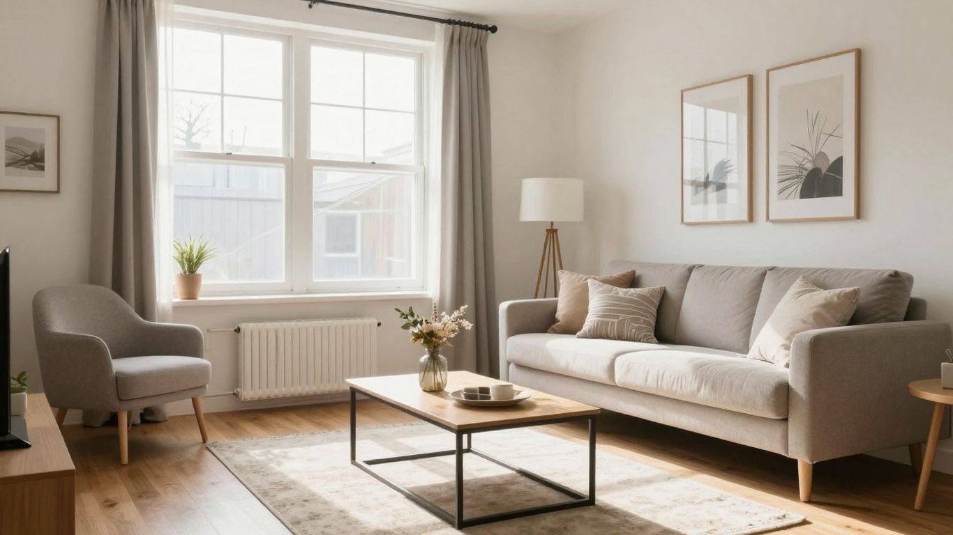 Modern Airbnb living room with stylish furniture and natural light.