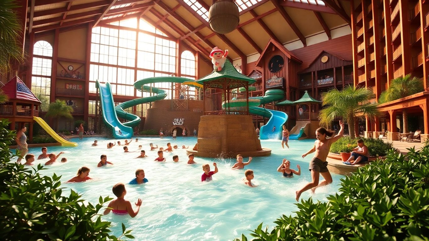 Great Wolf Lodge Grapevine water park with families playing.