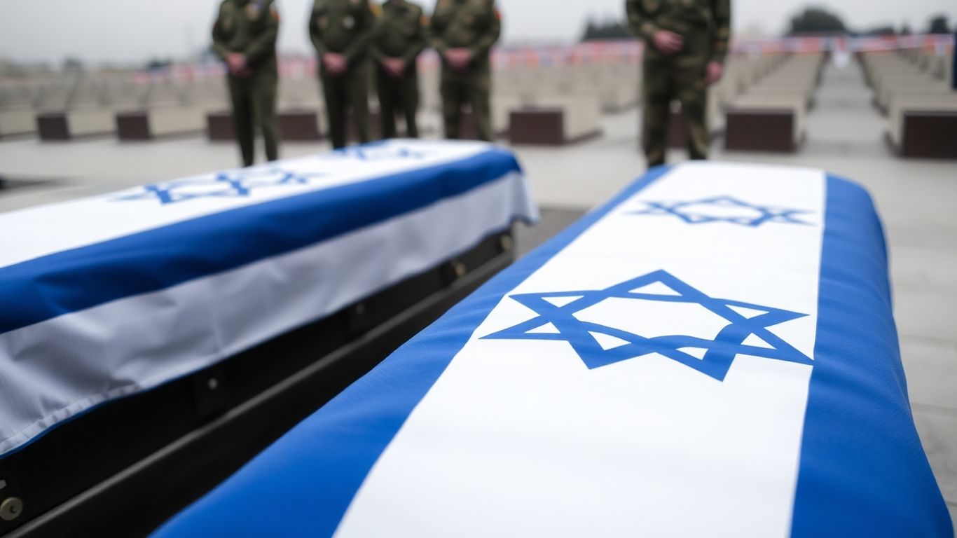 Drapeaux israéliens sur des cercueils, deuil national.