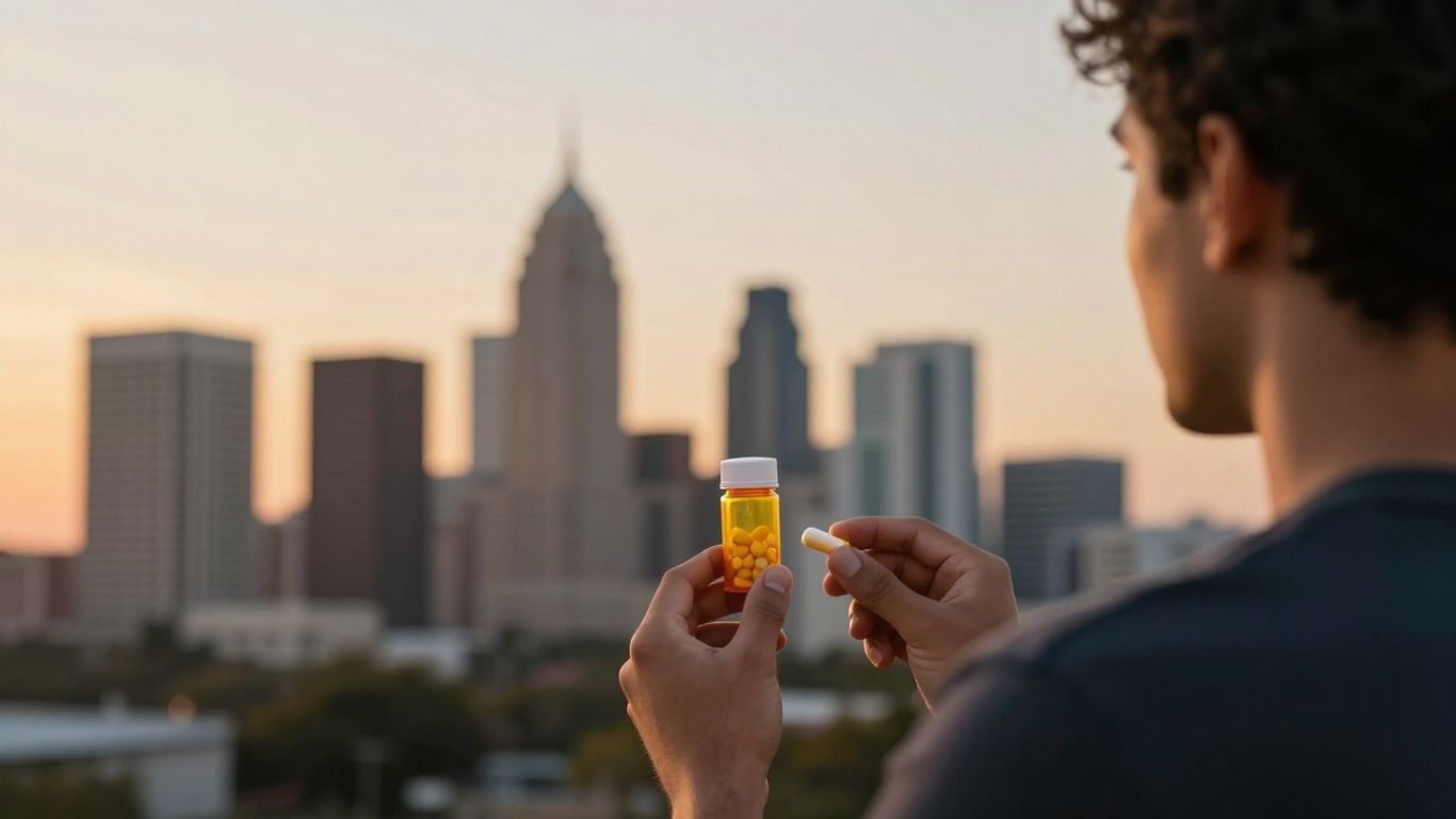 San Antonio skyline with a person holding a pill bottle.