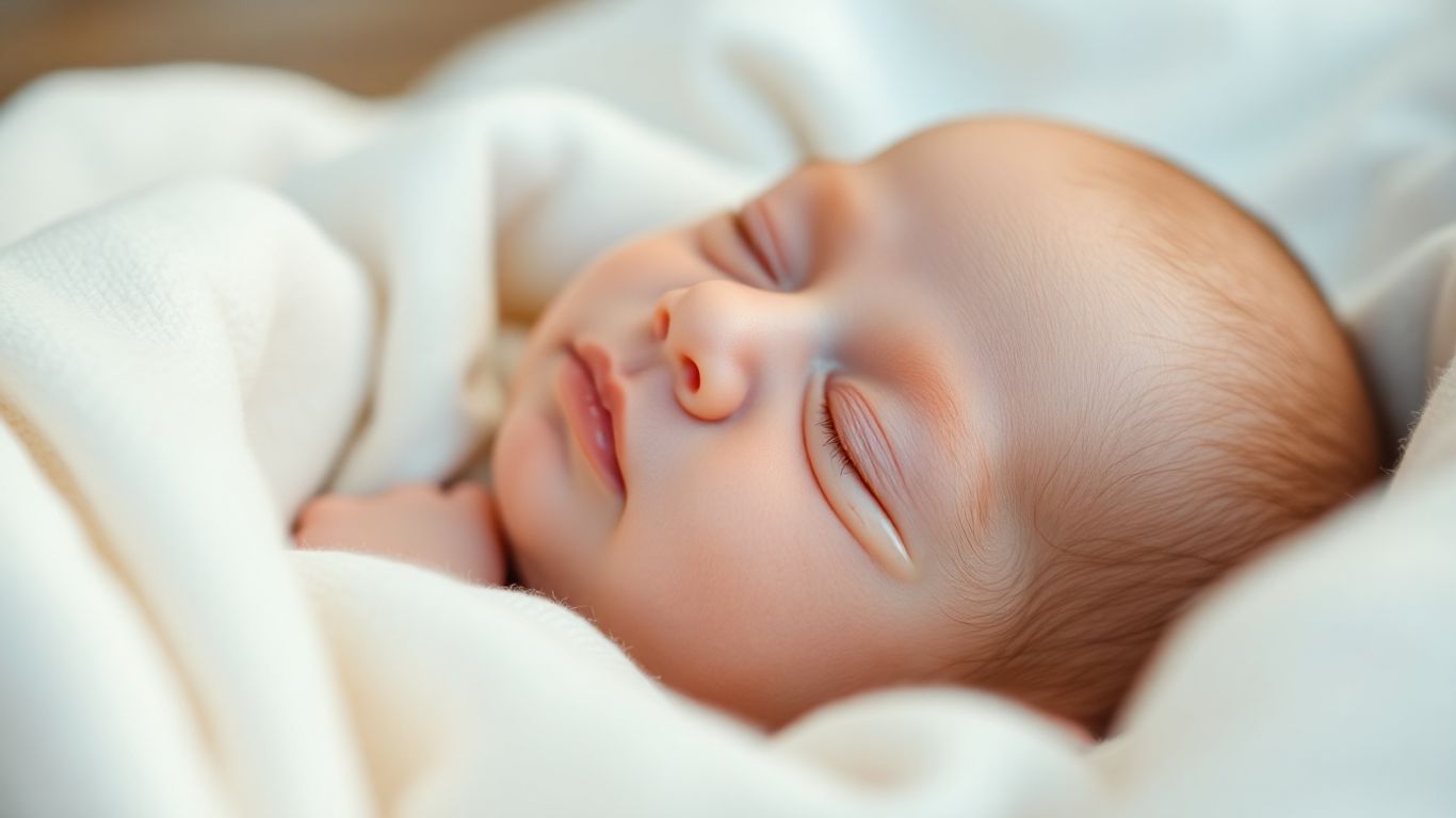 Newborn baby with a little milk on cheek.