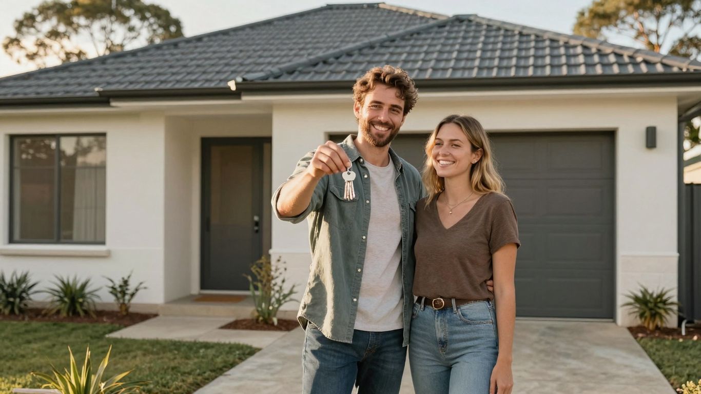 Couple with keys outside new NSW home.