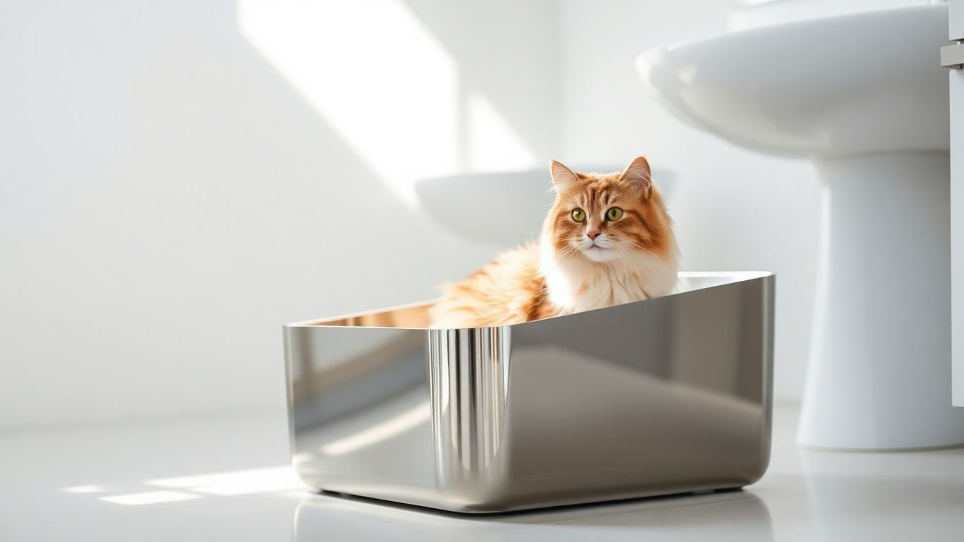 Clean stainless steel litter box with a cat.
