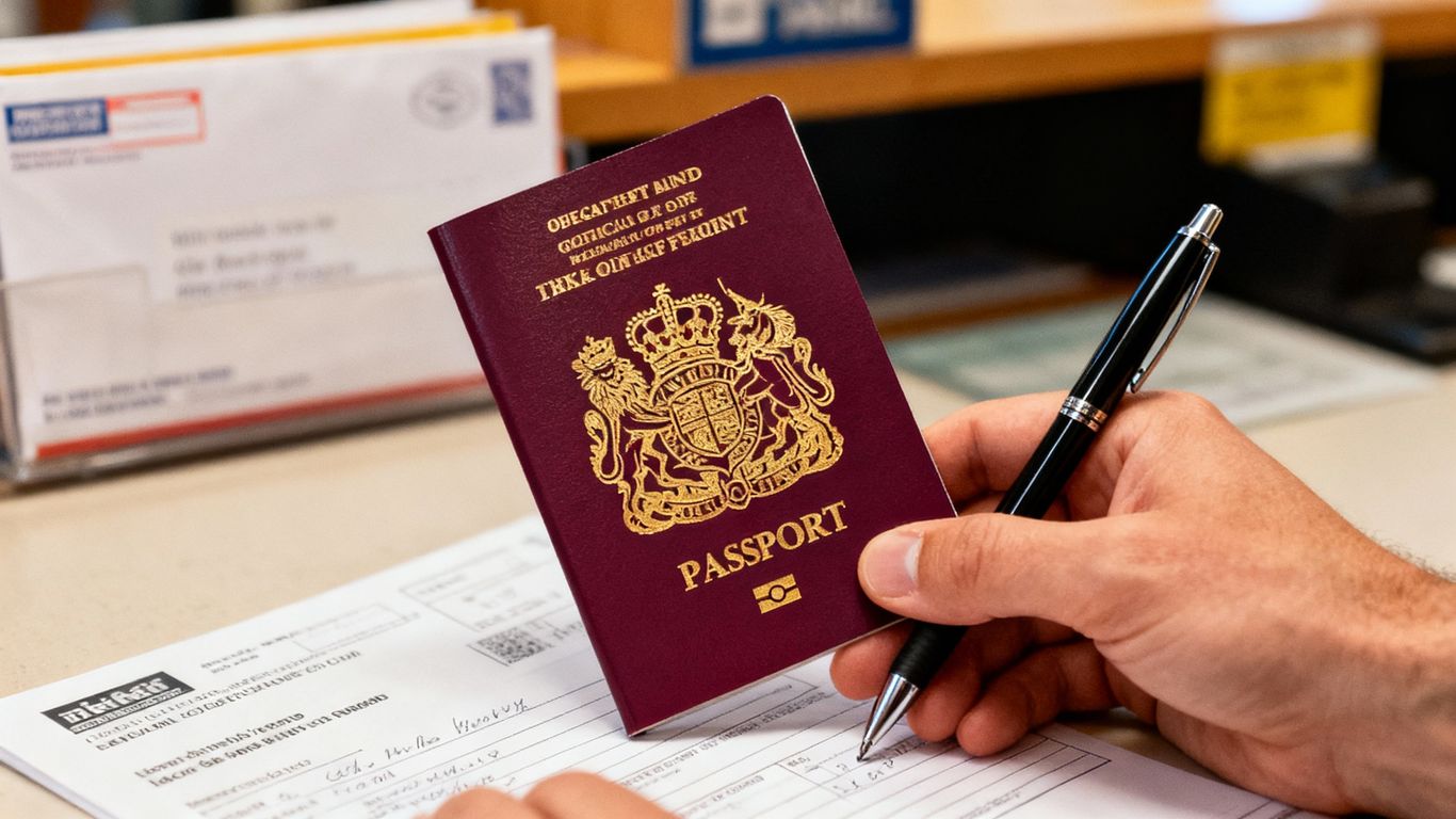 UK passport, pen, and will document at post office.