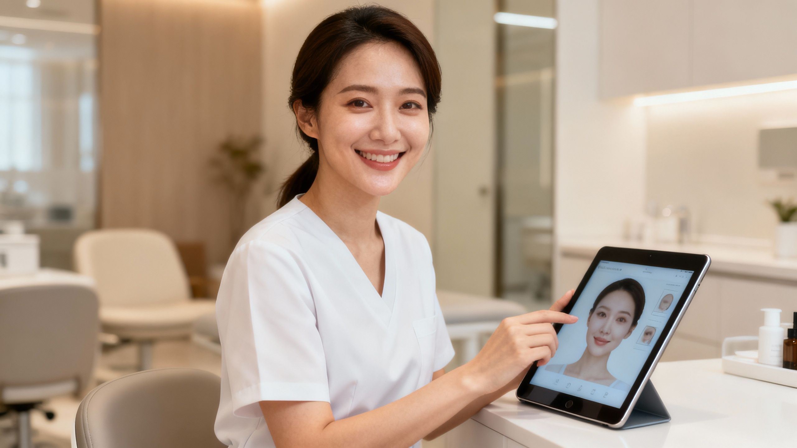Clinic owner using a tablet to review patient information.