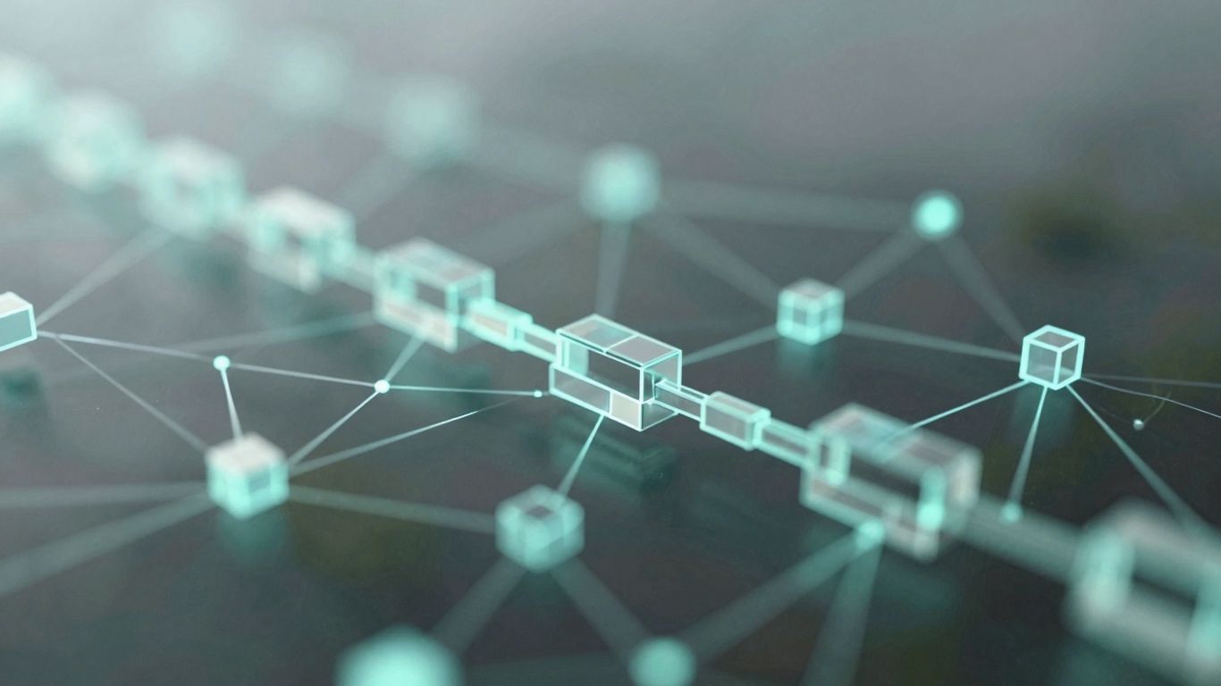 Interconnected glowing digital blocks forming a secure chain.