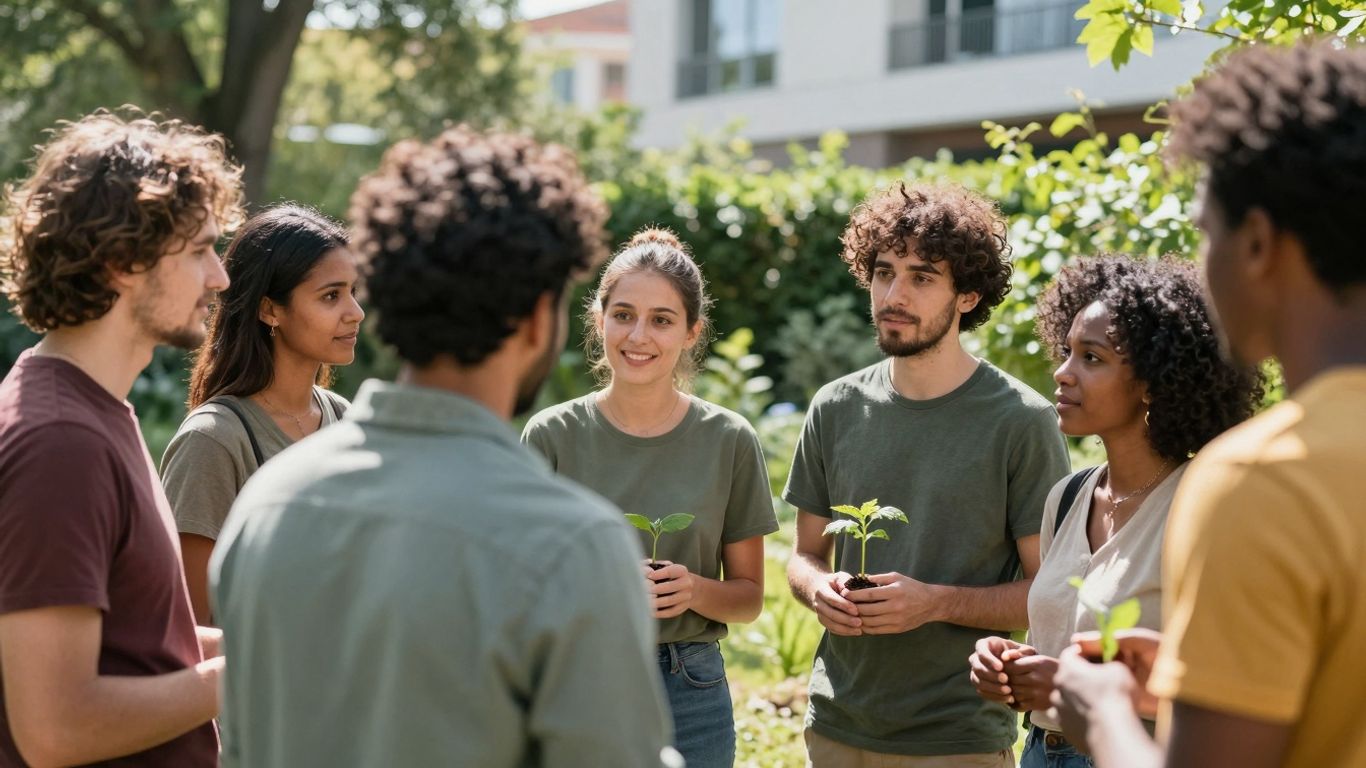 Community members working together outdoors in sunlight.