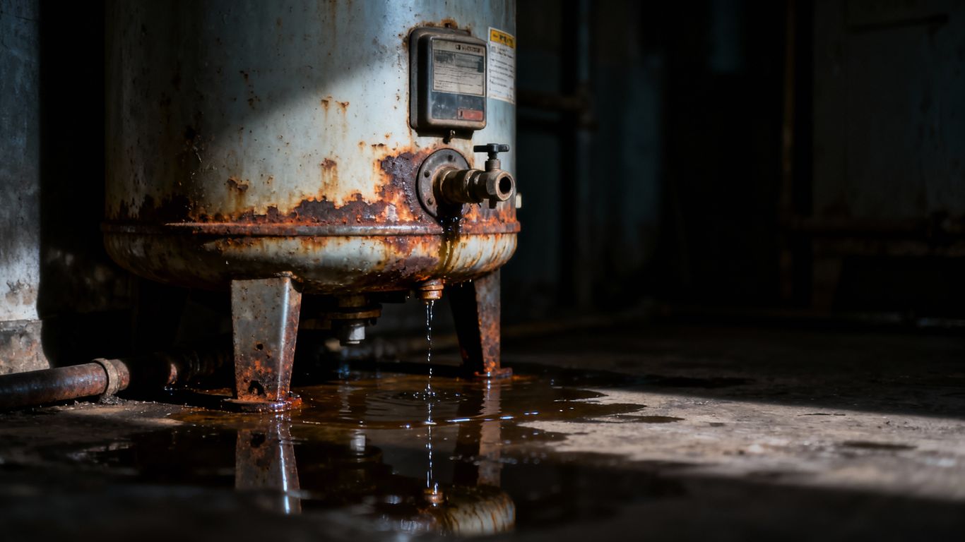 Rusty water heater with water leaking from the bottom.