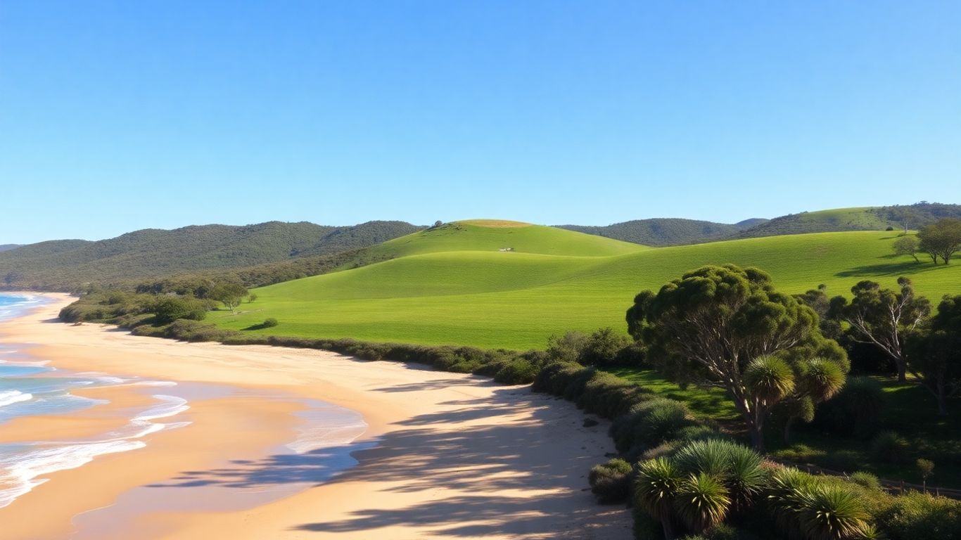 Australian landscape with beach and eucalyptus trees.
