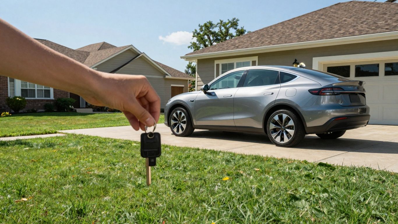 Person holding car keys in front of a new car.