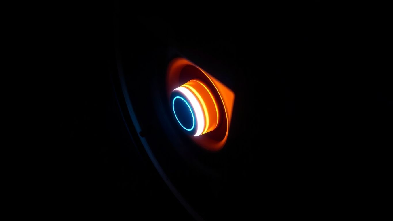 Glowing valve cap on a car tire at night.