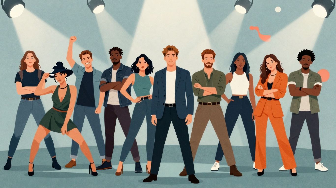 Entertainment personalities in a dynamic, game-like collage.