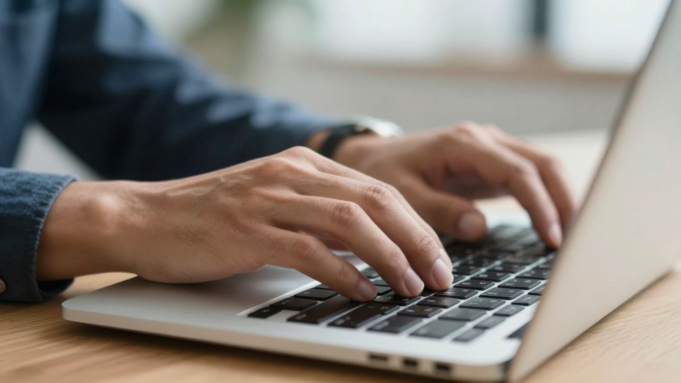 Hands typing on a laptop keyboard for blockchain support.