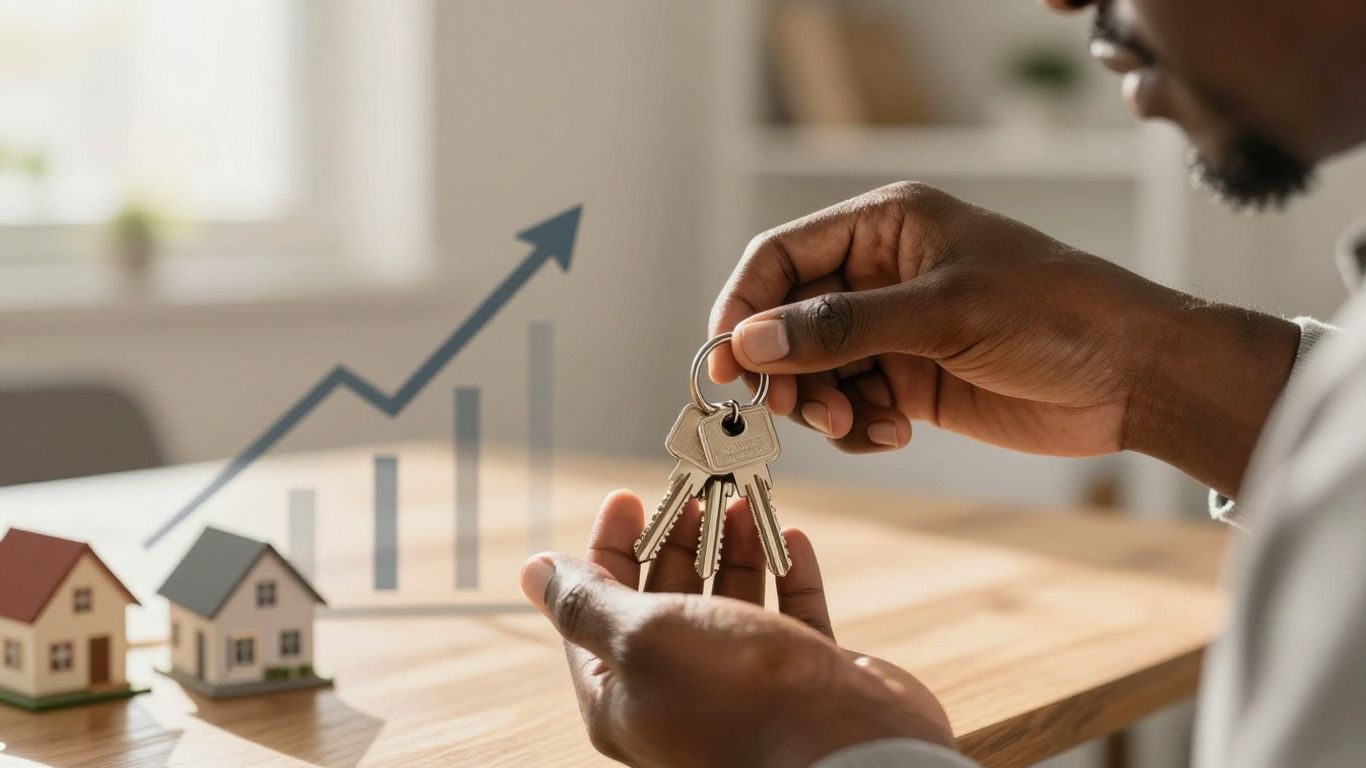Person considering house keys and financial growth