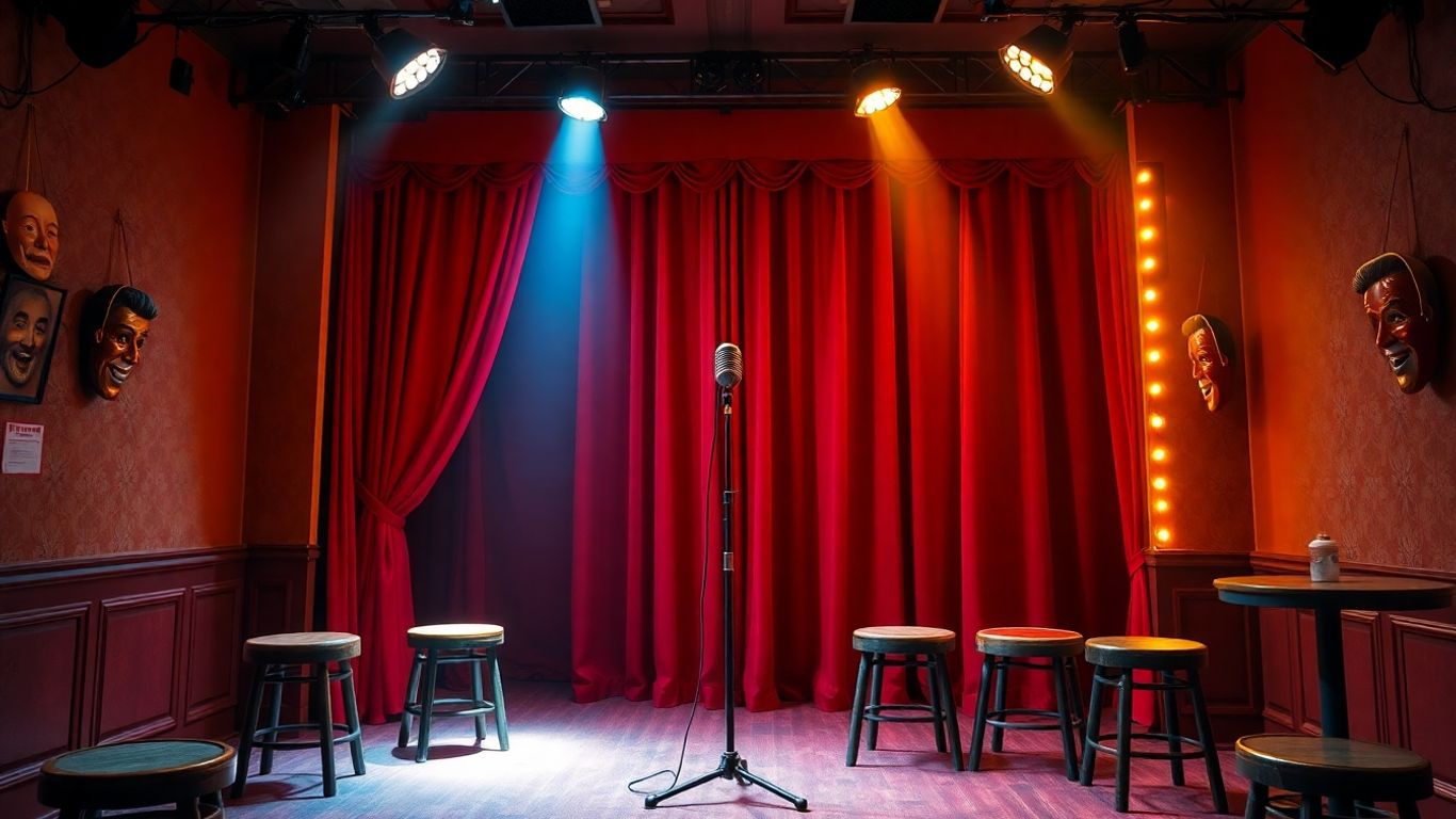 Empty comedy stage with microphone and red curtains