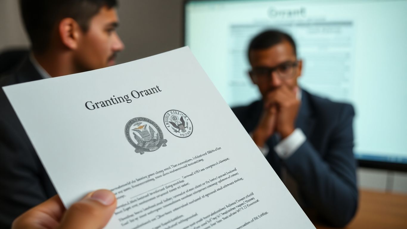 Official government grant application document and computer screen.