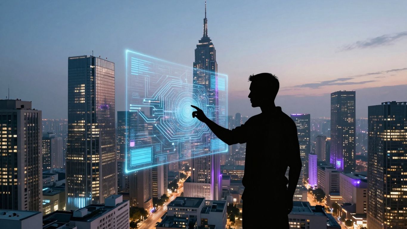 Ville futuriste avec circuits numériques et silhouette humaine.
