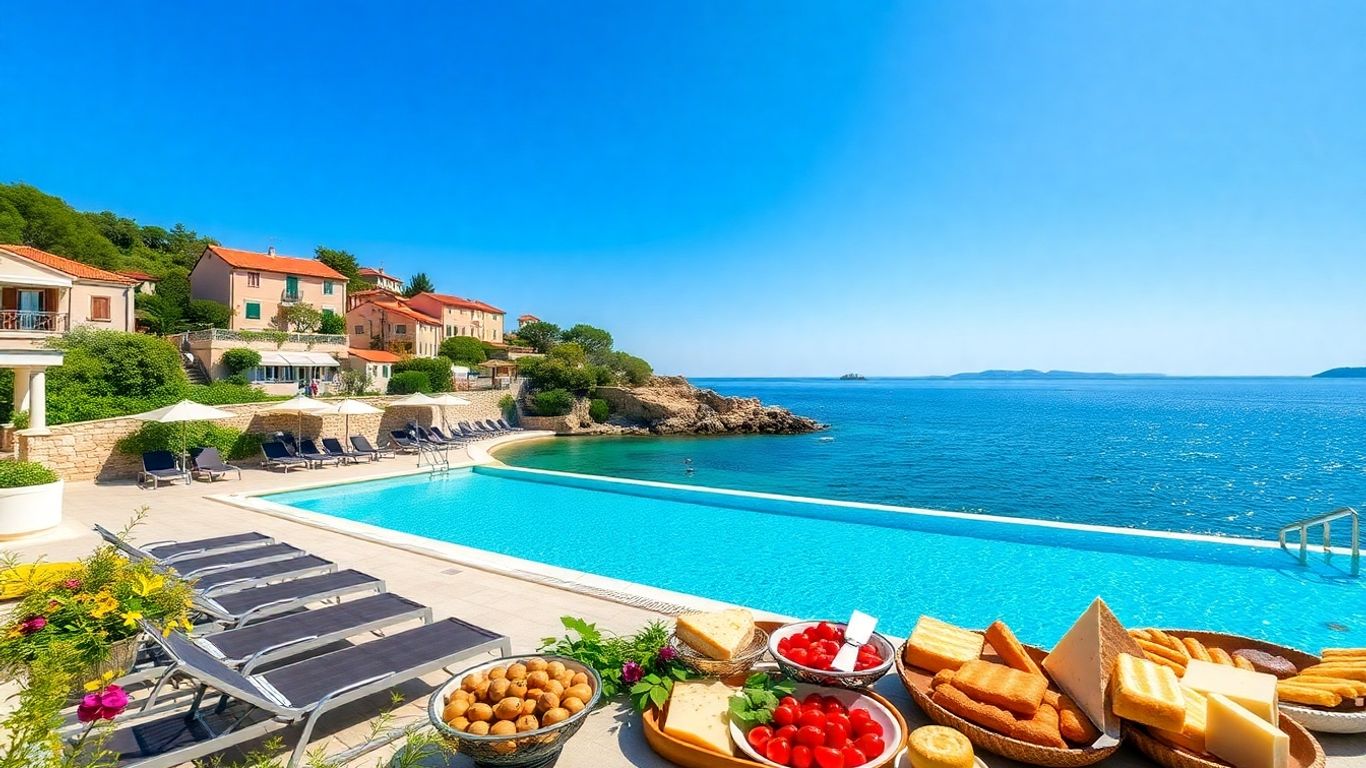 Croatian resort with buffet, pool, and sea view