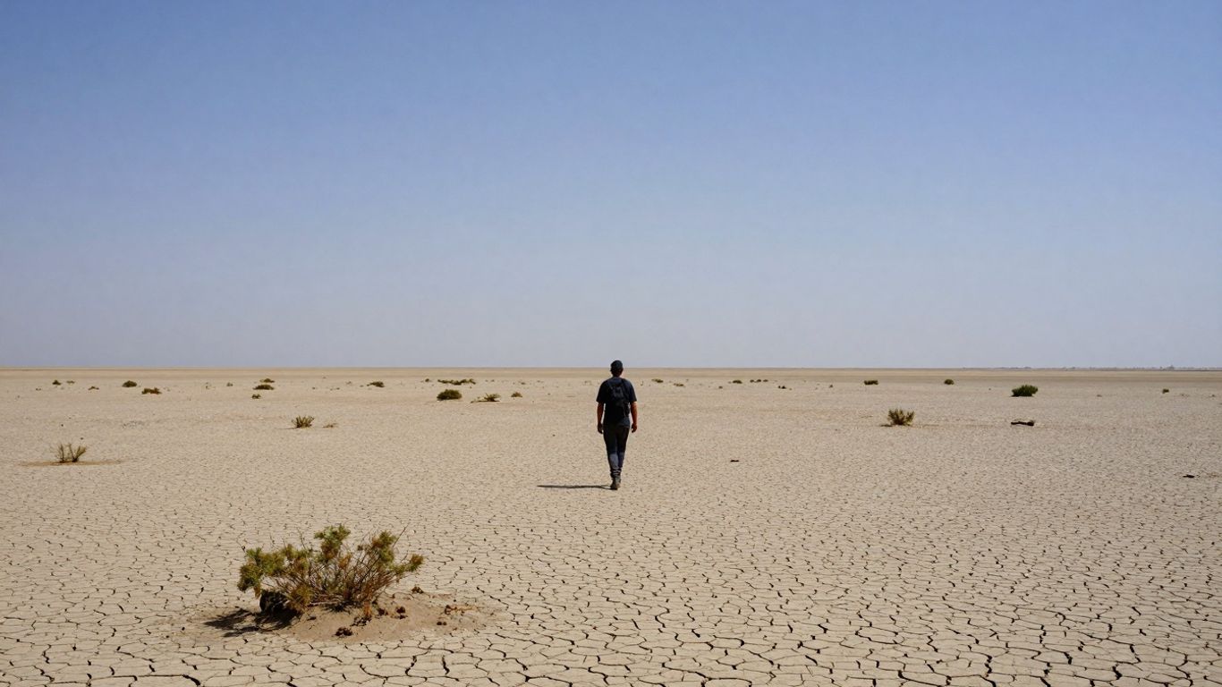 Peisaj arid cu o persoana mergand spre orizont.