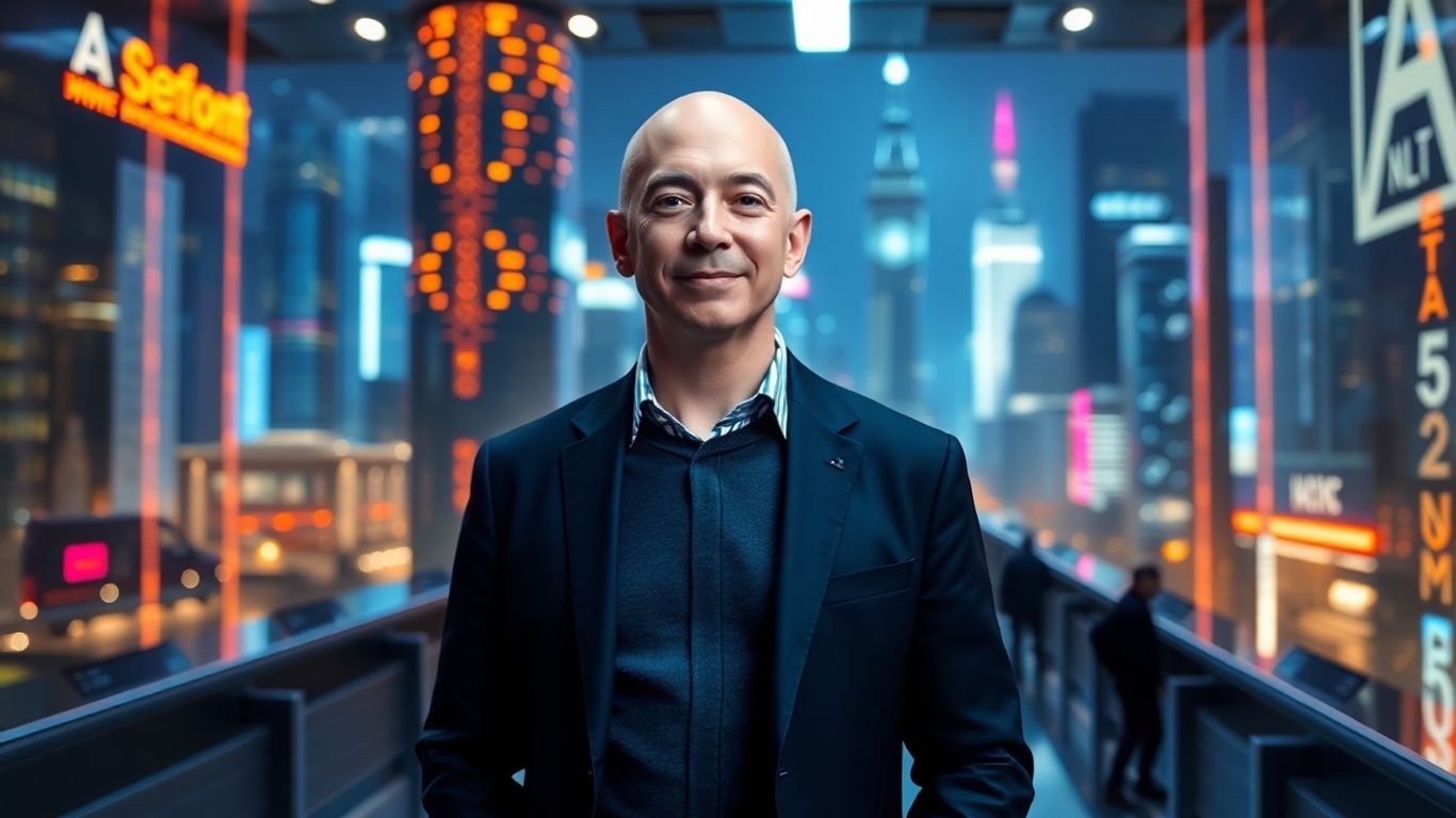 Jeff Bezos with futuristic AI city backdrop