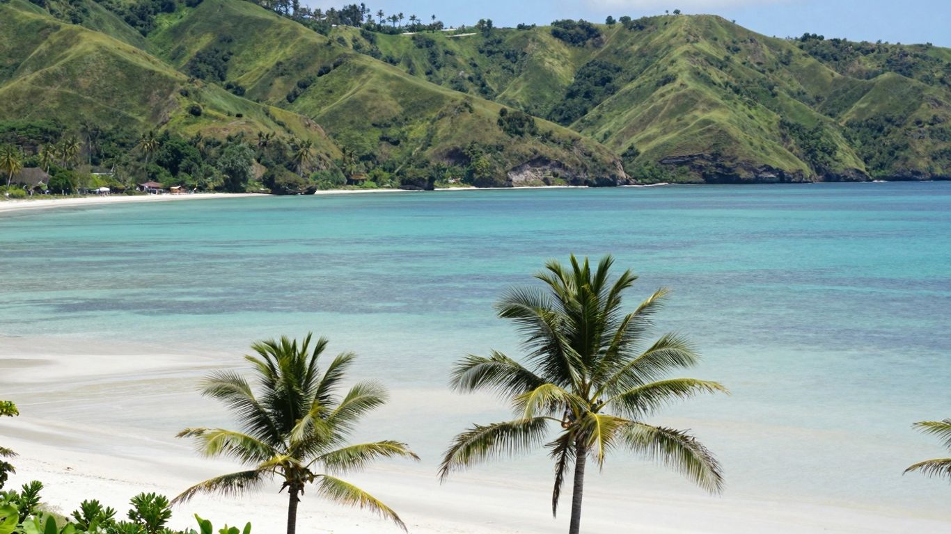 Tropical landscape in Sumba, Indonesia with hills and ocean.