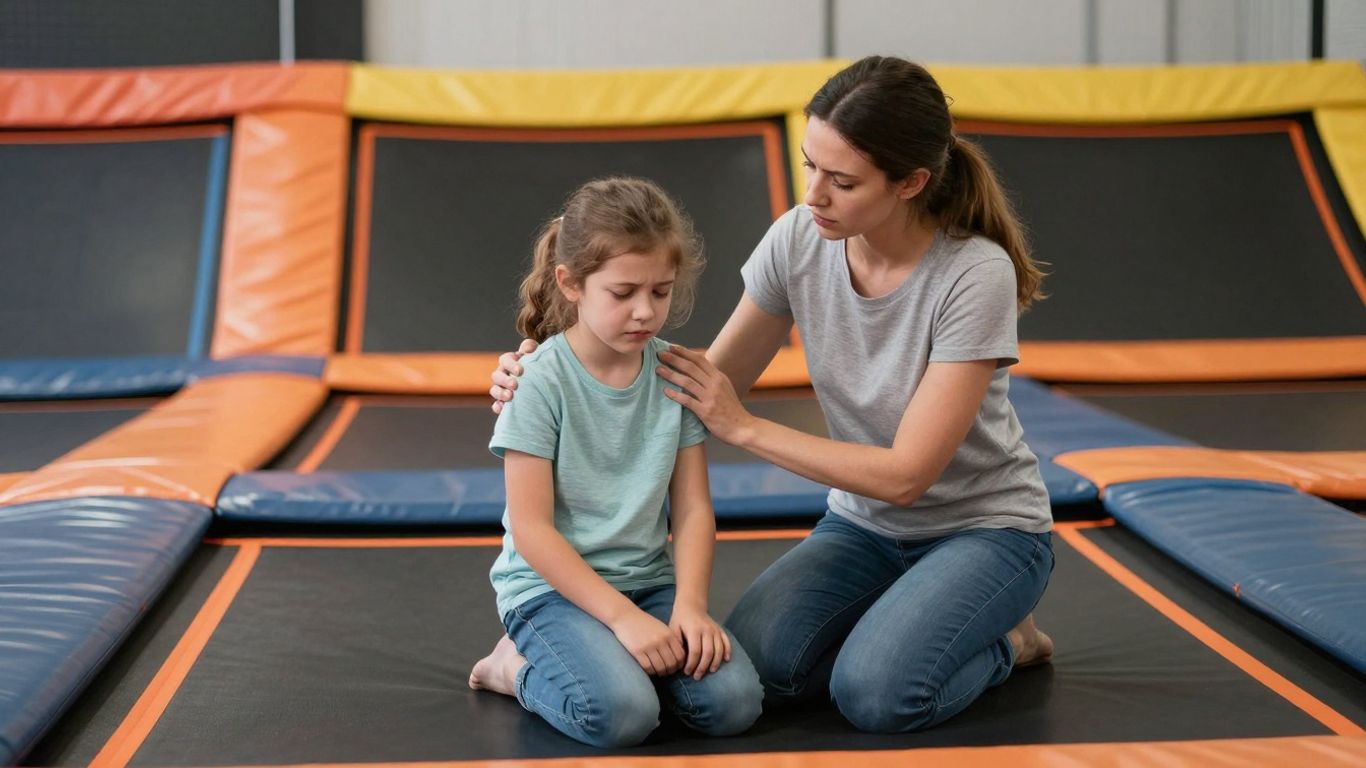 Parent comforting child after trampoline park accident.