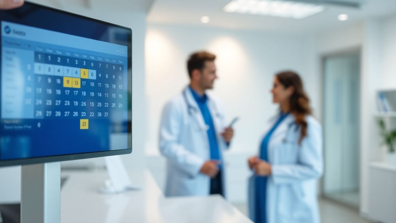 Clinic reception with digital appointment calendar.