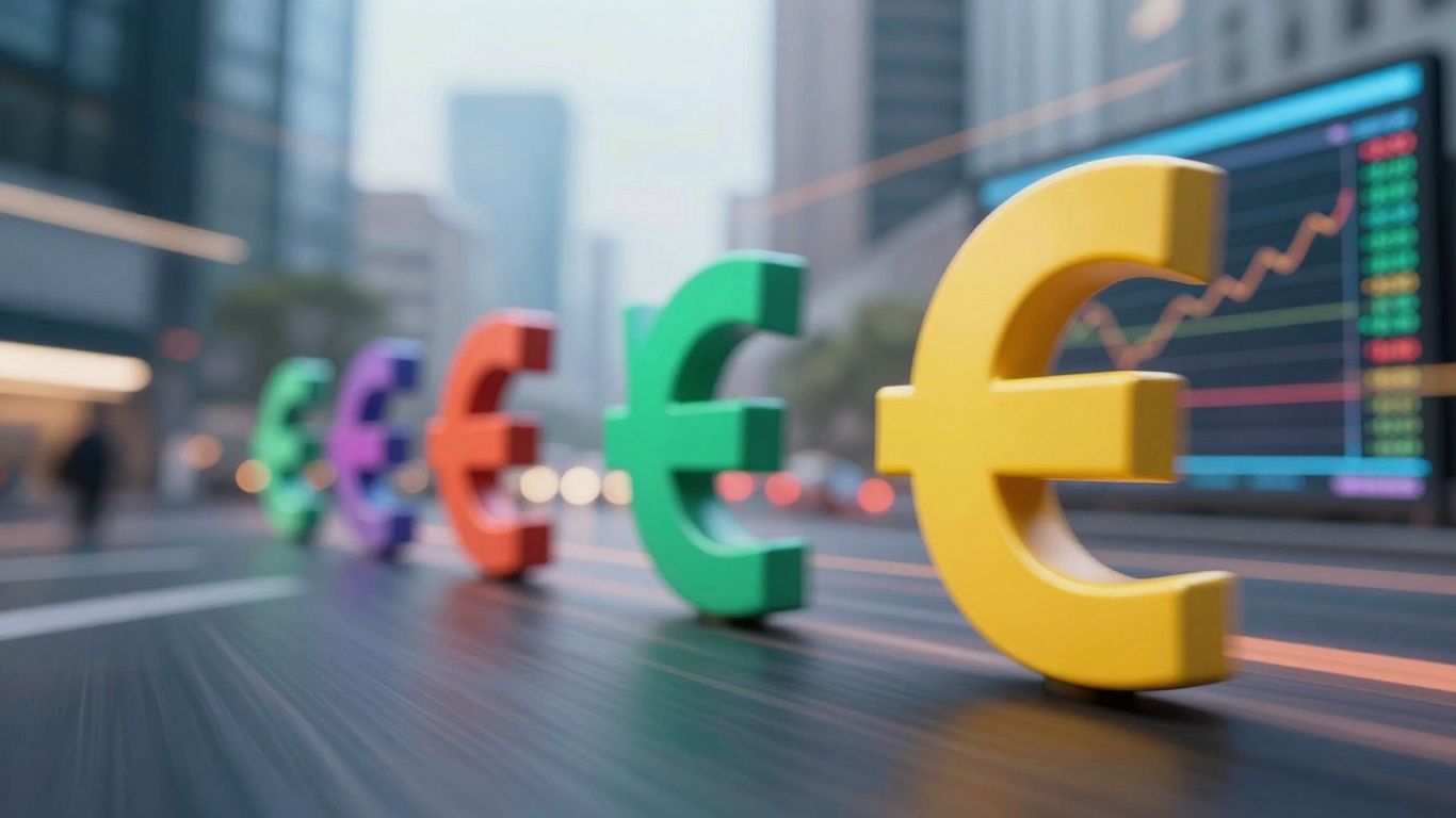 Forex currency symbols in motion with city background.