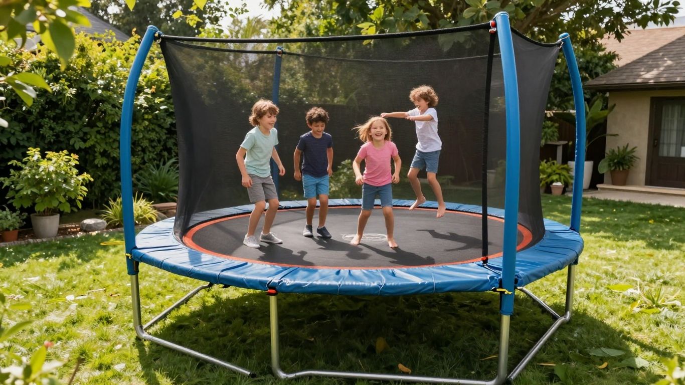 Square trampoline in a sunny backyard.