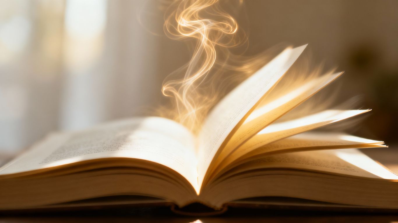 Open book with light emanating from pages.