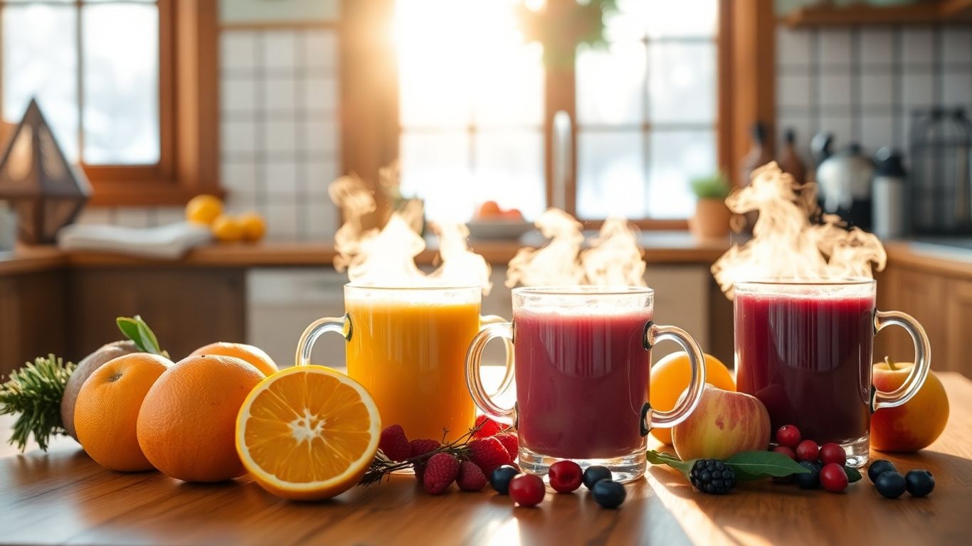 Winterliche Smoothies in Tassen mit frischem Obst auf Tisch