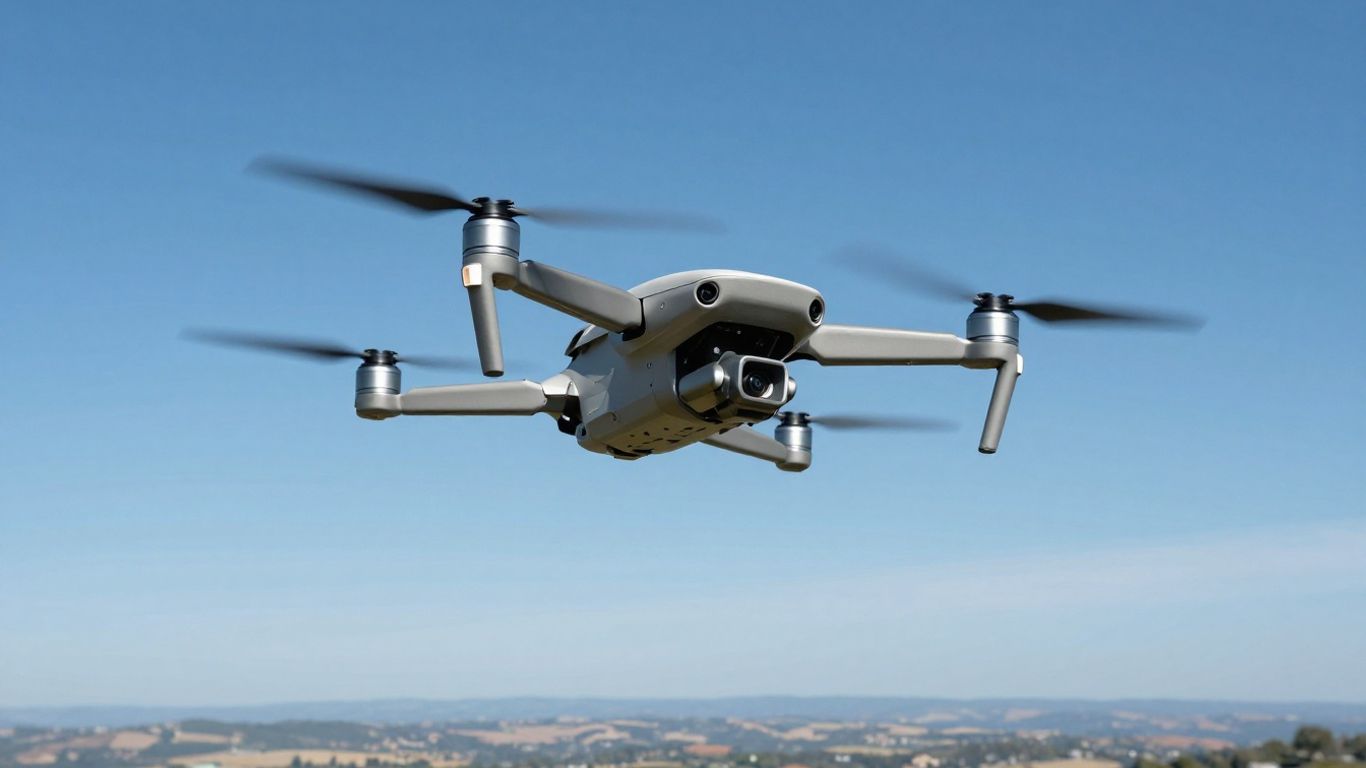 DJI Air 3S drone capturing aerial footage of a landscape.