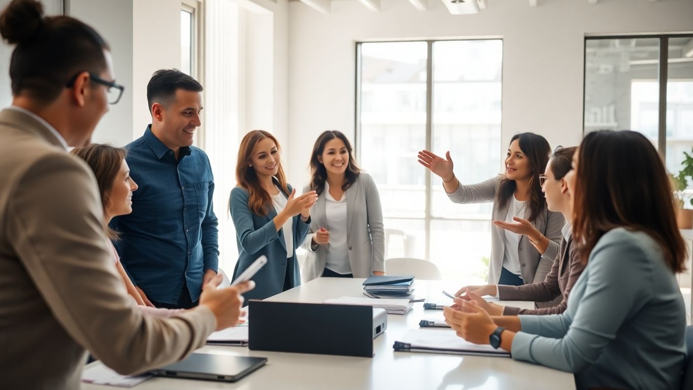 Marketing agency team collaborating in a bright office.