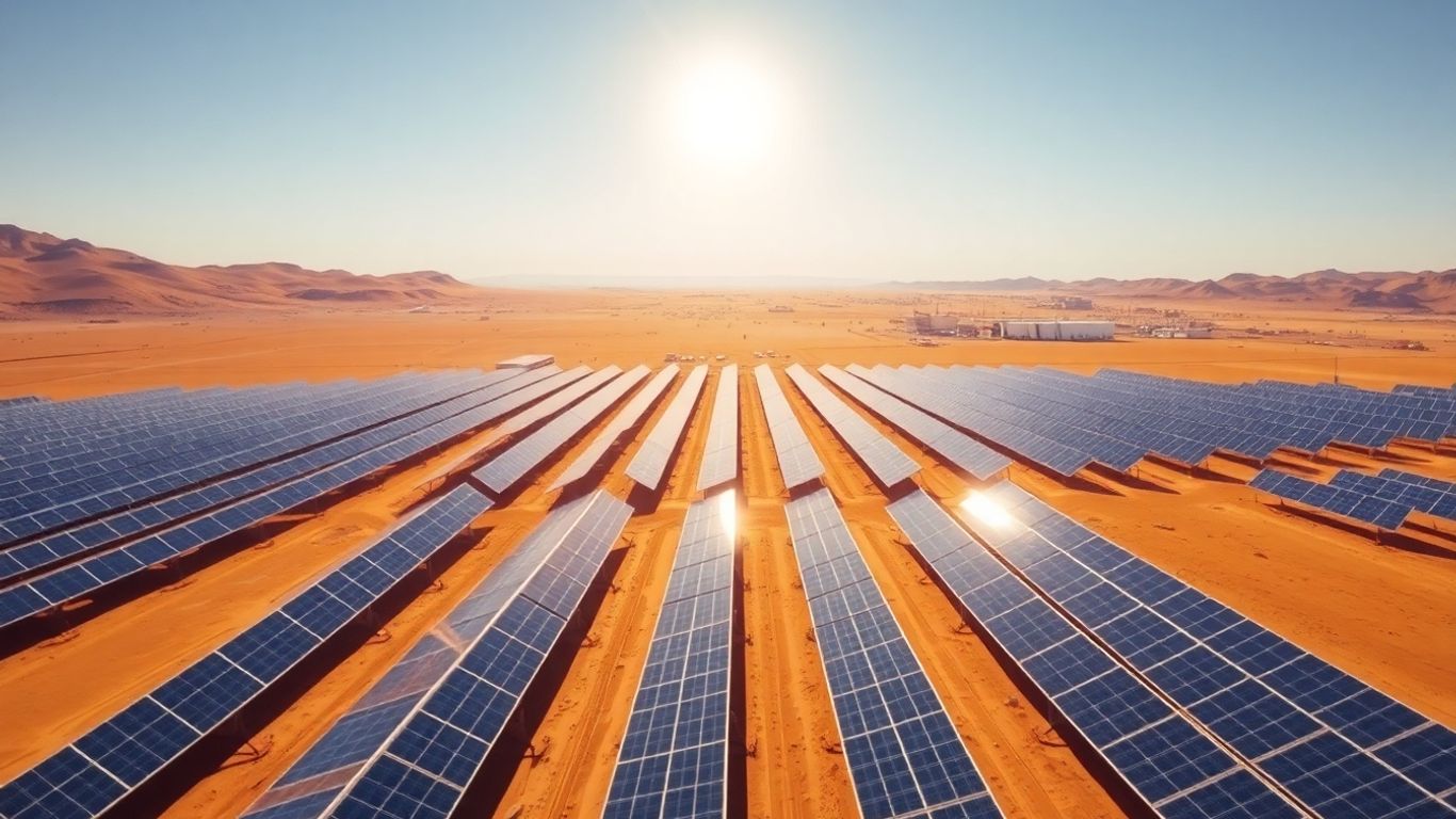 Centrale solaire avec batteries dans le désert des Émirats arabes unis.