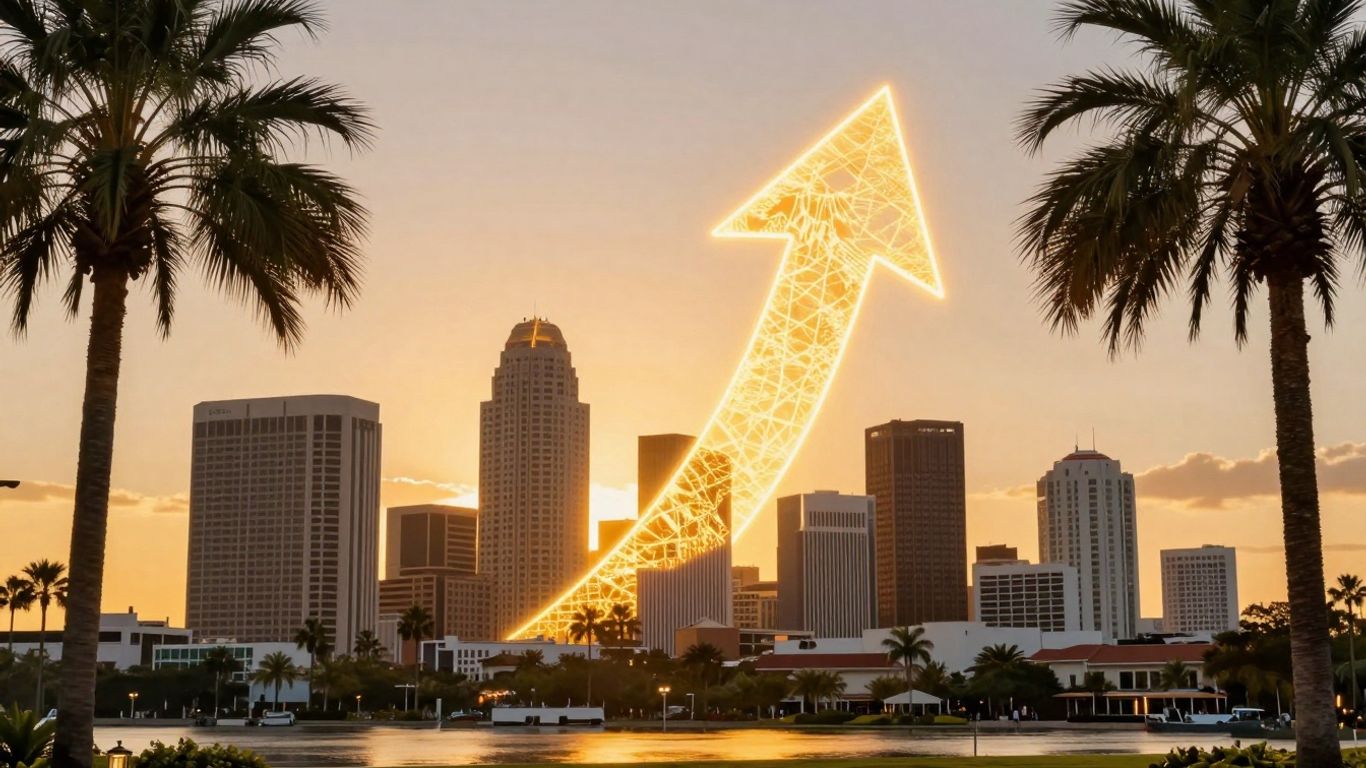 Orlando skyline with upward growth arrow.