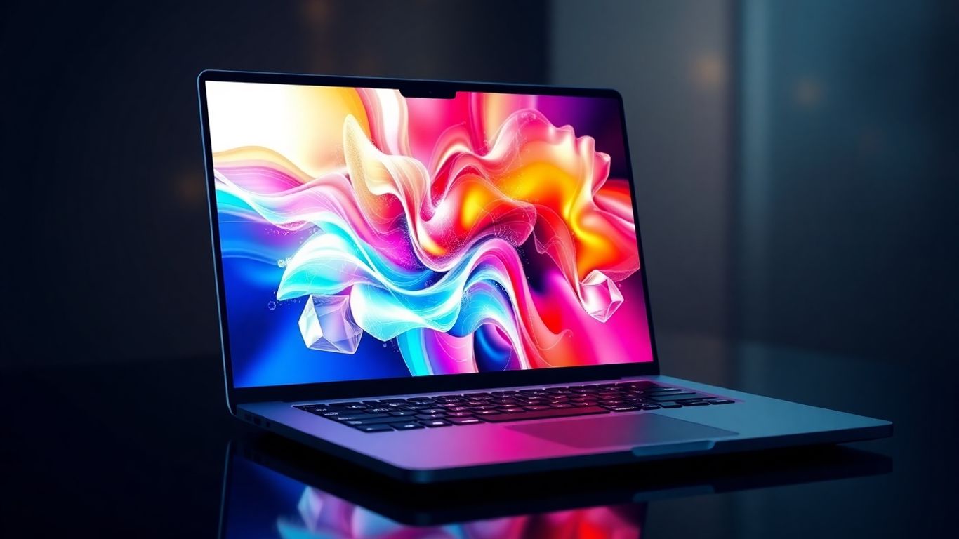 Modern laptop with abstract digital art on screen