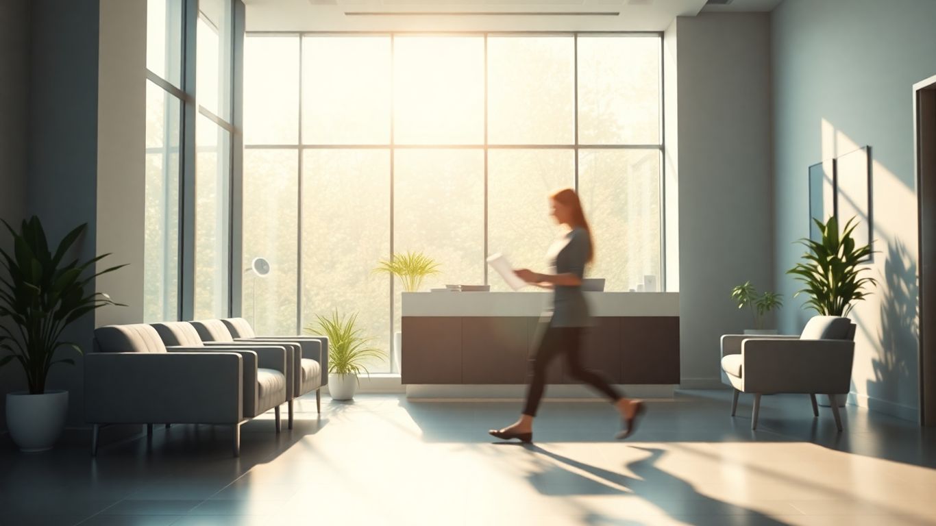 Aesthetic clinic reception with sunlight and digital interaction.