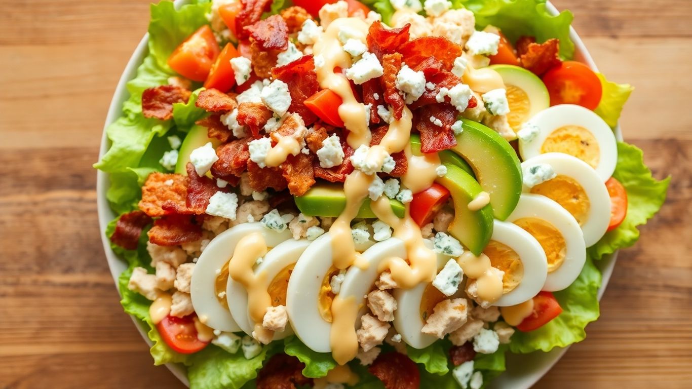 Fresh Cobb salad with chicken, bacon, eggs, and avocado.