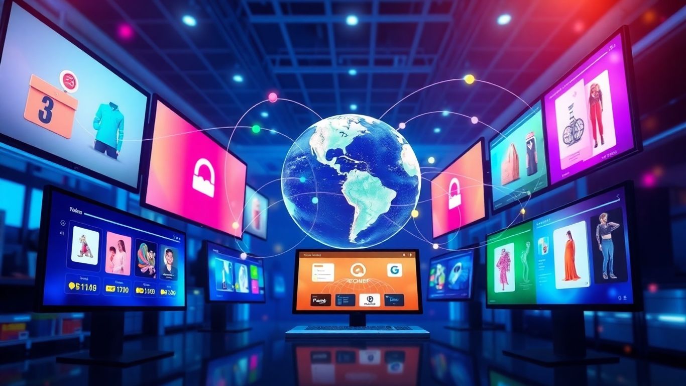 Digital marketplace interface with products and global connections.